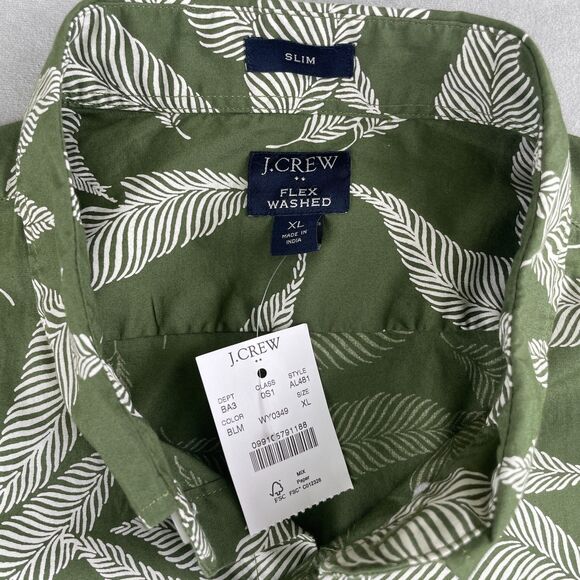 J Crew Shirt Mens XL Green Leaf Print Flex Washed Slim Short Sleeve Button Down - Picture 5 of 6